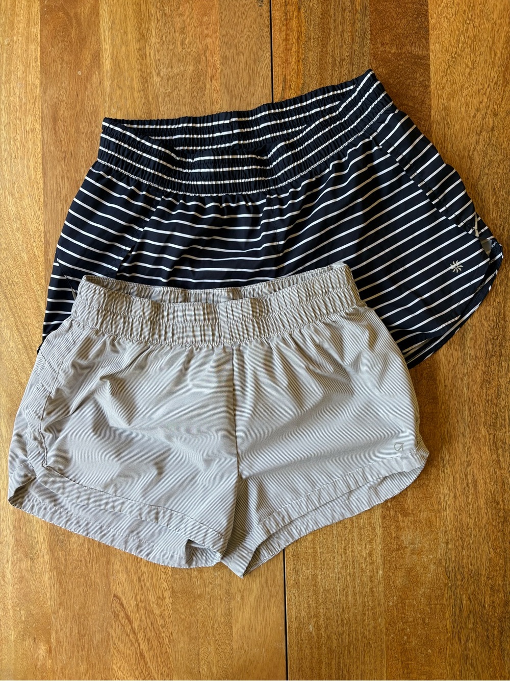 Athleta and Gap women’s stripe running Shorts – navy stripe & Light Gray